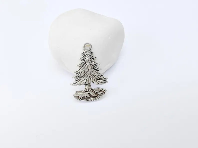 Fox and Tree Charm, Wolf Pine Tree Pendant, Wilderness Nature Earring, Boho Necklace Outdoor Accessory, Antique Silver Plated 36x23mm G37104
