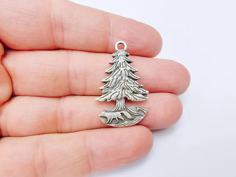 Fox and Tree Charm, Wolf Pine Tree Pendant, Wilderness Nature Earring, Boho Necklace Outdoor Accessory, Antique Silver Plated 36x23mm G37104