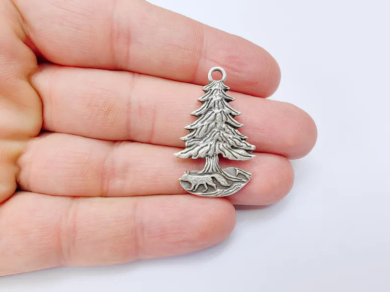 Fox and Tree Charm, Wolf Pine Tree Pendant, Wilderness Nature Earring, Boho Necklace Outdoor Accessory, Antique Silver Plated 36x23mm G37104