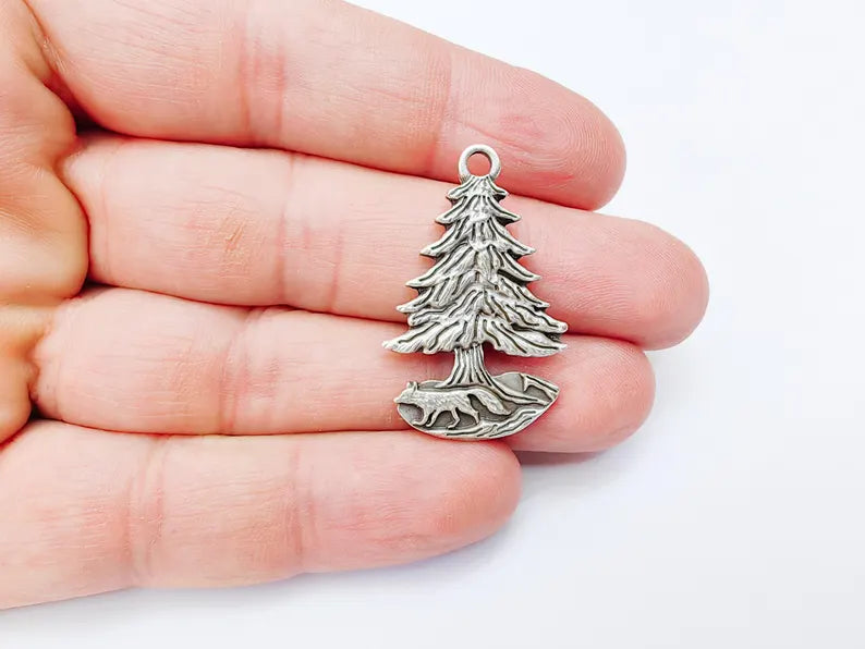 Fox and Tree Charm, Wolf Pine Tree Pendant, Wilderness Nature Earring, Boho Necklace Outdoor Accessory, Antique Silver Plated 36x23mm G37104