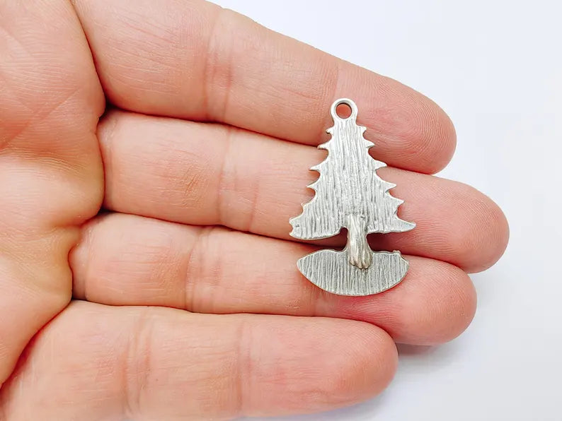 Fox and Tree Charm, Wolf Pine Tree Pendant, Wilderness Nature Earring, Boho Necklace Outdoor Accessory, Antique Silver Plated 36x23mm G37104