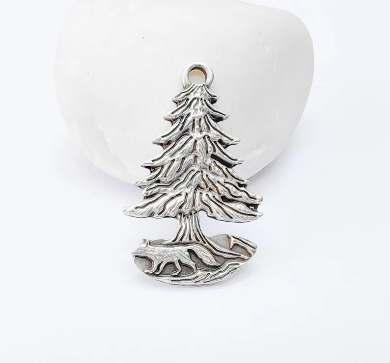 Fox and Tree Charm, Wolf Pine Tree Pendant, Wilderness Nature Earring, Boho Necklace Outdoor Accessory, Antique Silver Plated 36x23mm G37104