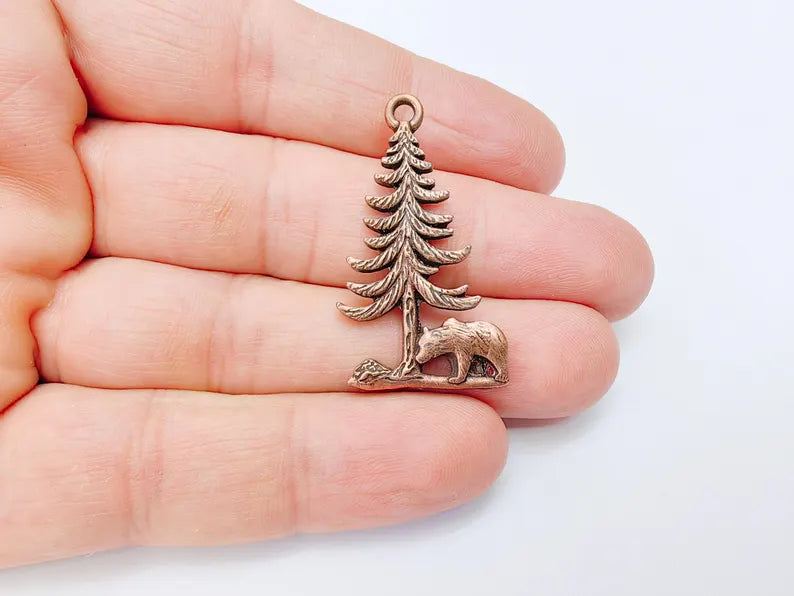 Bear and Tree Pendant, Forest Wildlife Charm, Hiking Camping Jewelry, Nature Earring, Rustic Outdoor, Antique Copper Plated 39x21mm G37105