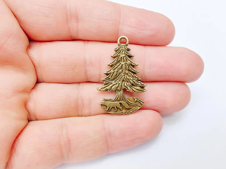 Fox and Tree Charm, Wolf Pine Tree Pendant, Wilderness Nature Earring, Boho Necklace Outdoor Accessory, Antique Bronze Plated 36x23mm G37106