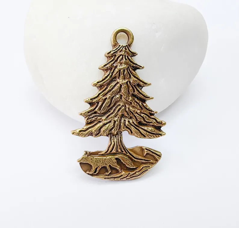 Fox and Tree Charm, Wolf Pine Tree Pendant, Wilderness Nature Earring, Boho Necklace Outdoor Accessory, Antique Bronze Plated 36x23mm G37106