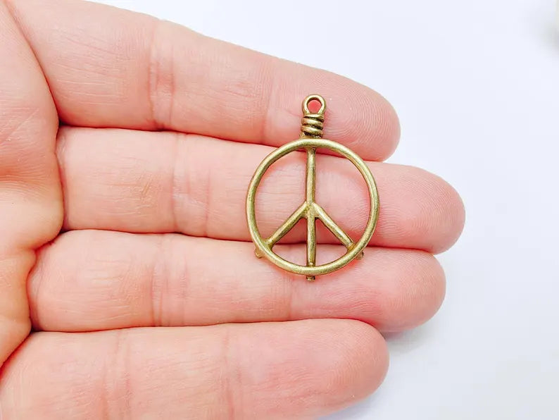 Peace Symbol Pendant Charm, Boho Hippie Jewelry Supply, Spiritual Retro 60s Style Necklace Component, Antique Bronze Plated 34x24mm G37107