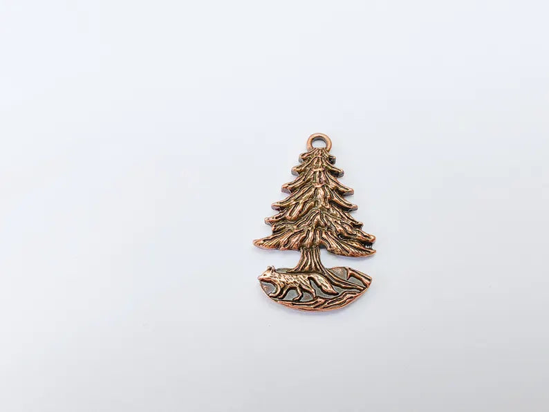 Fox and Tree Charm, Wolf Pine Tree Pendant, Wilderness Nature Earring, Boho Necklace Outdoor Accessory, Antique Copper Plated 36x23mm G37108