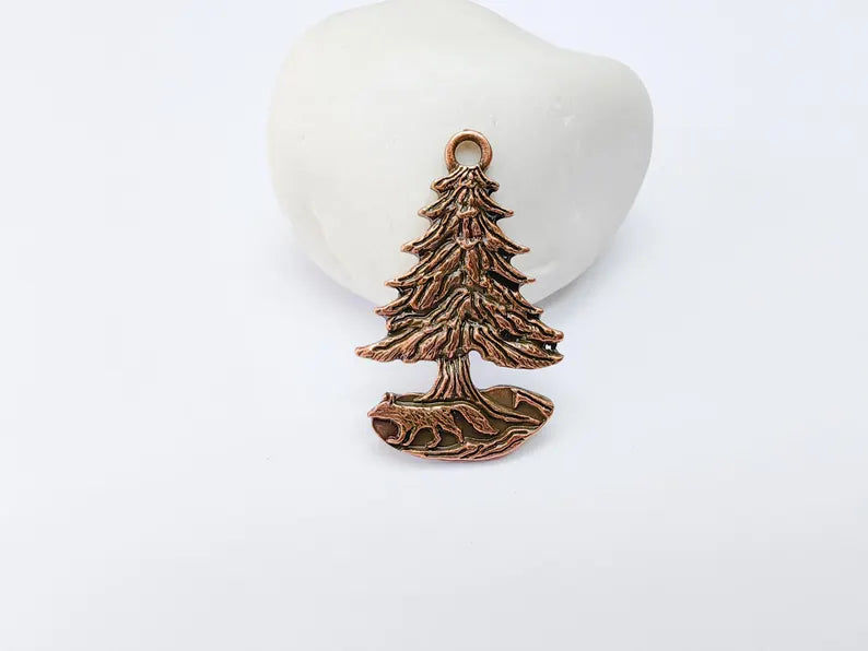 Fox and Tree Charm, Wolf Pine Tree Pendant, Wilderness Nature Earring, Boho Necklace Outdoor Accessory, Antique Copper Plated 36x23mm G37108