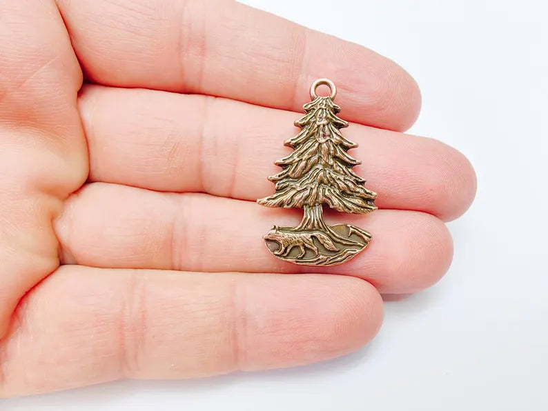 Fox and Tree Charm, Wolf Pine Tree Pendant, Wilderness Nature Earring, Boho Necklace Outdoor Accessory, Antique Copper Plated 36x23mm G37108