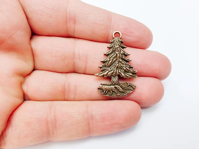 Fox and Tree Charm, Wolf Pine Tree Pendant, Wilderness Nature Earring, Boho Necklace Outdoor Accessory, Antique Copper Plated 36x23mm G37108