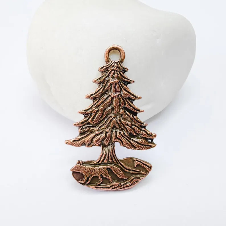 Fox and Tree Charm, Wolf Pine Tree Pendant, Wilderness Nature Earring, Boho Necklace Outdoor Accessory, Antique Copper Plated 36x23mm G37108