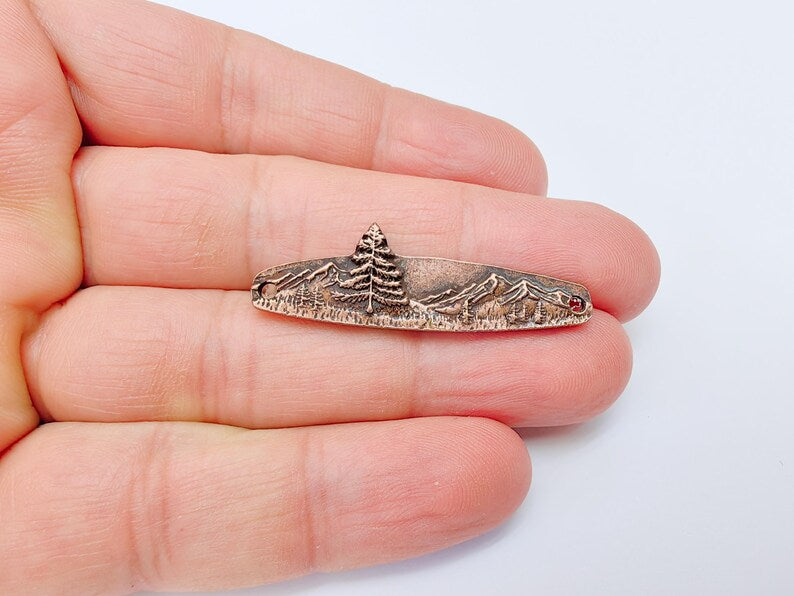 Mountain Tree Bar Pendant Connector, Forest Landscape Bracelet Charm, Nature Outdoor Necklace Jewelry, Antique Copper Plated 44x13mm G37109