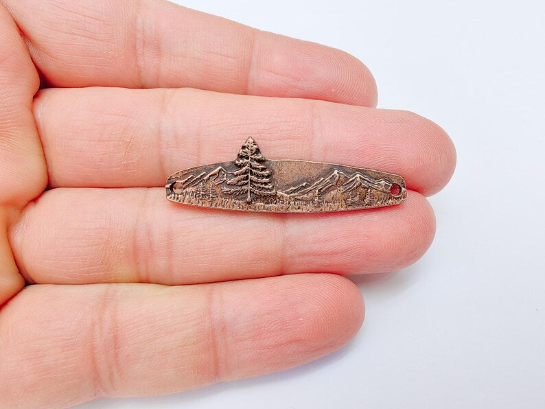 Mountain Tree Bar Pendant Connector, Forest Landscape Bracelet Charm, Nature Outdoor Necklace Jewelry, Antique Copper Plated 44x13mm G37109