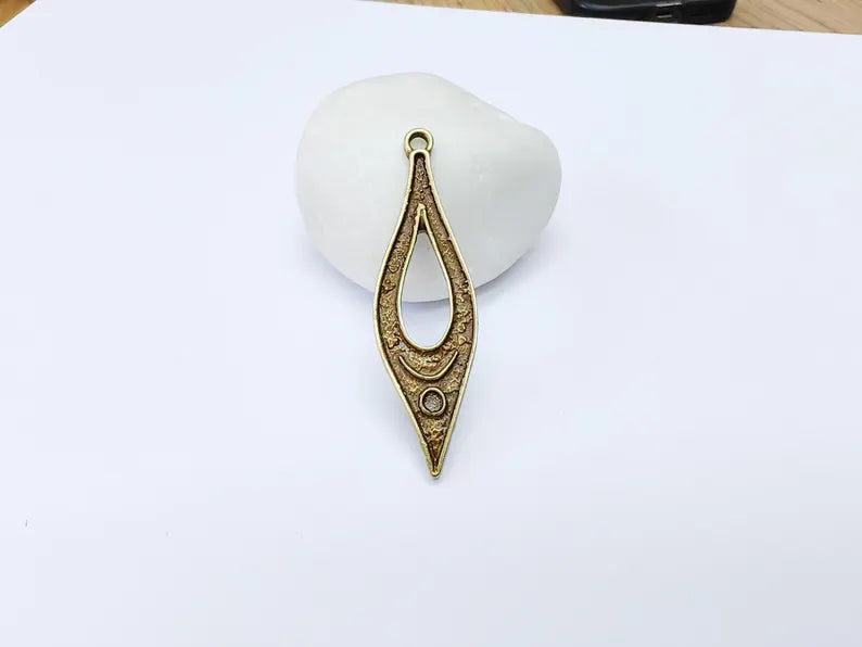 Boho Dangle Charm, Moon Pendant with Crescent and Circle Symbols, Spiritual Necklace Component, Antique Bronze Plated 60x17mm G37110