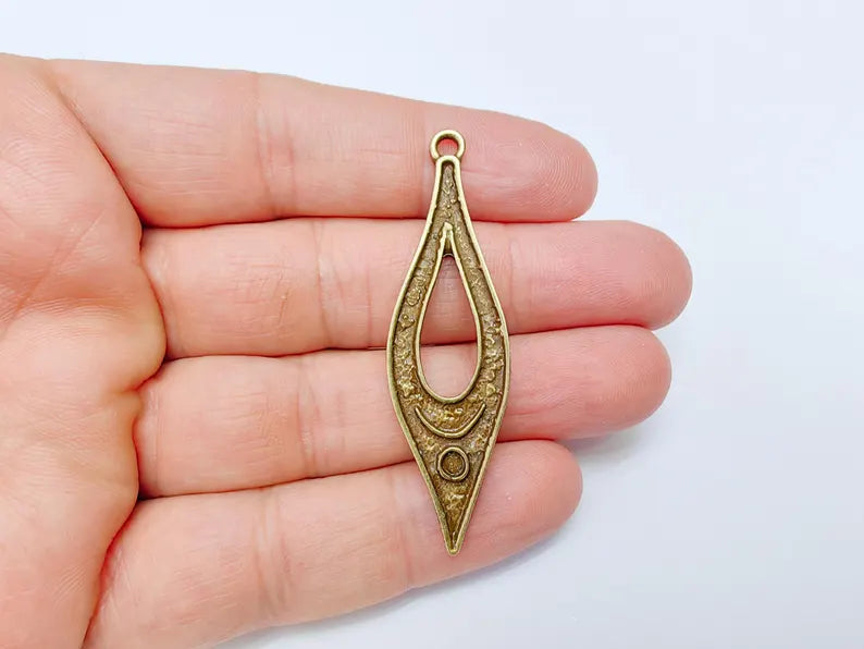 Boho Dangle Charm, Moon Pendant with Crescent and Circle Symbols, Spiritual Necklace Component, Antique Bronze Plated 60x17mm G37110