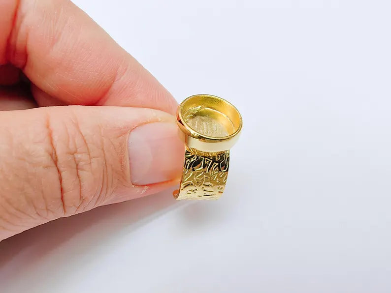 Shiny Gold Ring Setting, Cabochon Blank, Resin Bezel, Round Ring Mounting, Epoxy Frame Base, Adjustable Gold Plated 12mm G37111