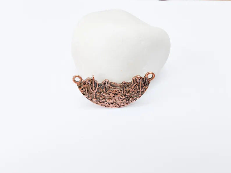 Desert Landscape Pendant Connector, Cactus Mountain Charms, Two Hole Charm for Boho and Nature Charm, Antique Copper Plated 36x16mm G37113