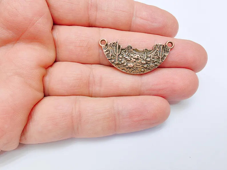 Desert Landscape Pendant Connector, Cactus Mountain Charms, Two Hole Charm for Boho and Nature Charm, Antique Copper Plated 36x16mm G37113