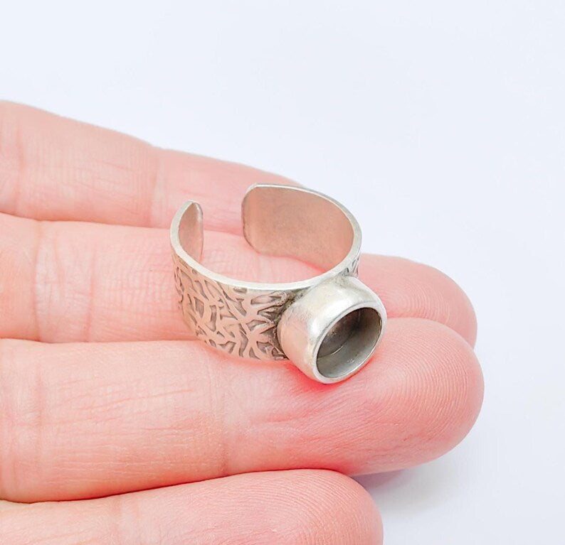 Round Ring Blank Setting, Cabochon Mounting, Resin Ring Base Bezels, Inlay Ring Mosaic Bezel Cup, Adjustable Antique Silver Ring 8mm G37114