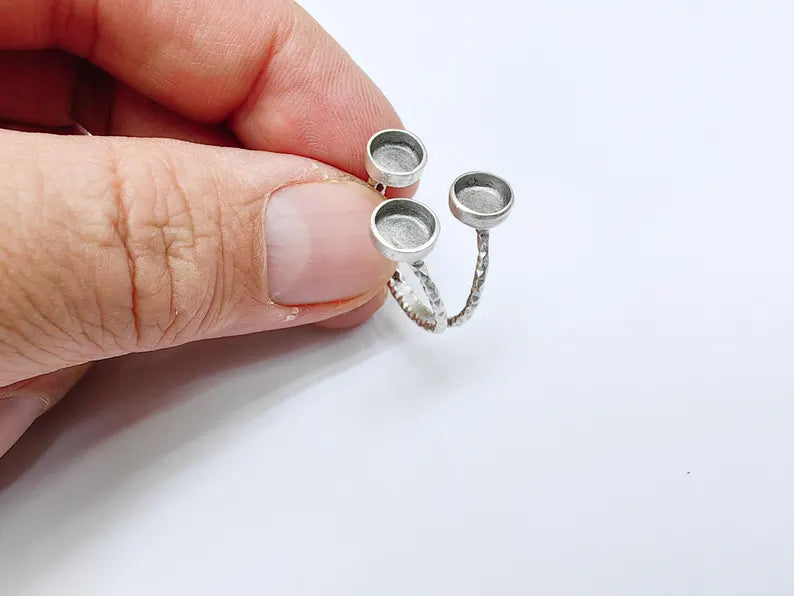 Triple Bezel Adjustable Ring Base, Raw Brass Ring Setting, DIY Jewelry, Blank Cabochon Ring Tray, Antique Silver Plated Brass 6mm G37115