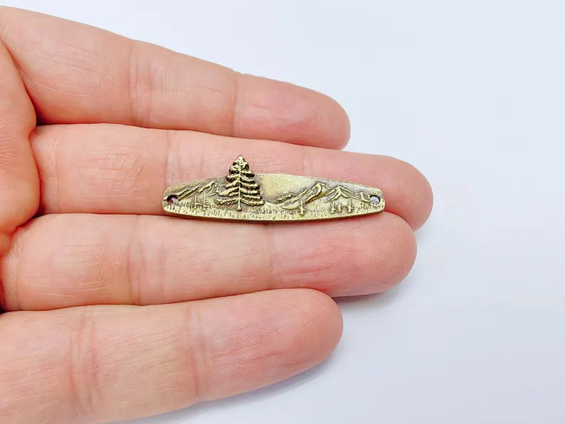 Mountain Tree Bar Pendant Connector, Forest Landscape Bracelet Charm, Nature Outdoor Necklace Jewelry, Antique Bronze Plated 44x13mm G37118