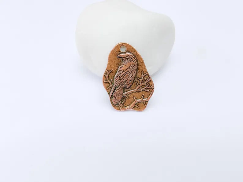 Raven Charm Charm, Gothic Boho Pendant, Bird on Branch Charm, Earring Charm, Crow Mystical Necklace, Antique Copper Plated 30x22mm G37119