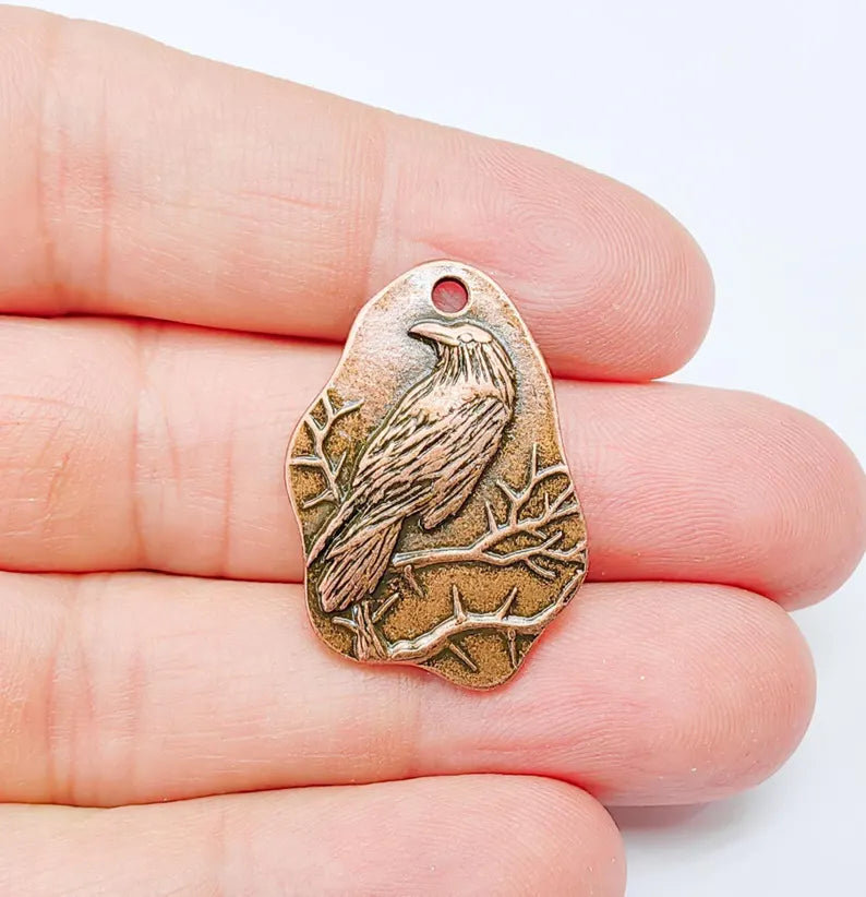 Raven Charm Charm, Gothic Boho Pendant, Bird on Branch Charm, Earring Charm, Crow Mystical Necklace, Antique Copper Plated 30x22mm G37119