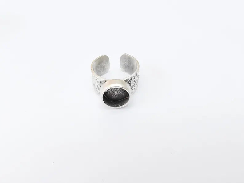 Round Ring Blank Setting, Cabochon Mounting, Resin Ring Base Bezels, Inlay Ring Mosaic Bezel Cup, Adjustable Antique Silver Ring 10mm G37120