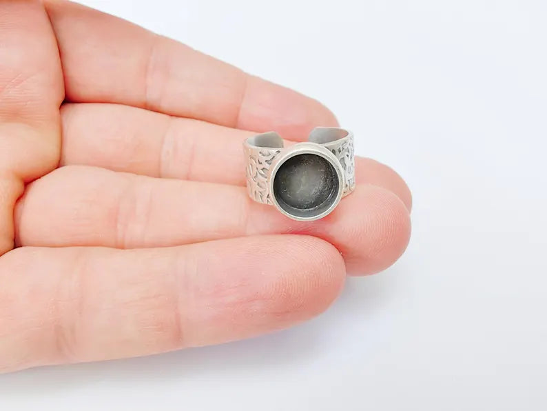 Round Ring Blank Setting, Cabochon Mounting, Resin Ring Base Bezels, Inlay Ring Mosaic Bezel Cup, Adjustable Antique Silver Ring 10mm G37120