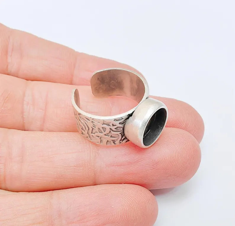 Round Ring Blank Setting, Cabochon Mounting, Resin Ring Base Bezels, Inlay Ring Mosaic Bezel Cup, Adjustable Antique Silver Ring 10mm G37120
