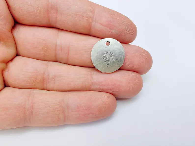 2 Dandelion Charm, Round Pendant, Boho Nature Necklace, DIY Jewelry Making, Minimalist Gift, Antique Silver Plated Zamac 19mm G37121