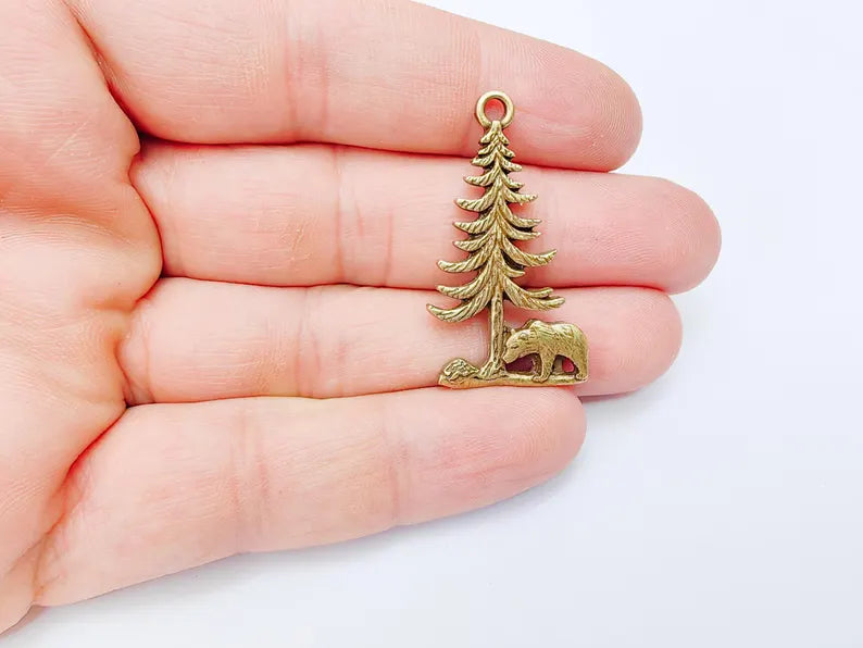 Bear and Tree Pendant, Forest Wildlife Charm, Hiking Camping Jewelry, Nature Earring, Rustic Outdoor, Antique Bronze Plated 39x21mm G37123