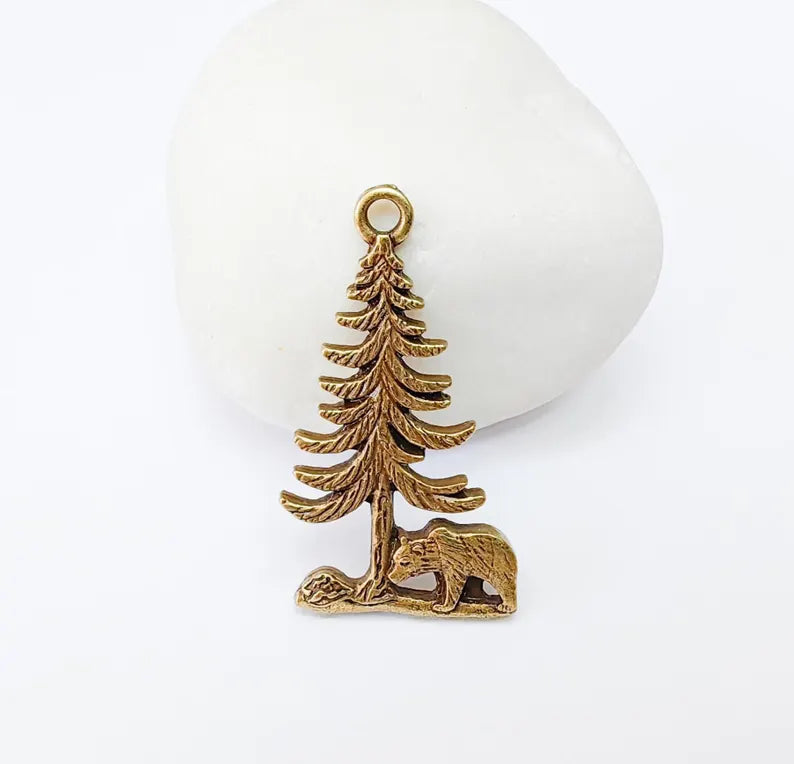 Bear and Tree Pendant, Forest Wildlife Charm, Hiking Camping Jewelry, Nature Earring, Rustic Outdoor, Antique Bronze Plated 39x21mm G37123