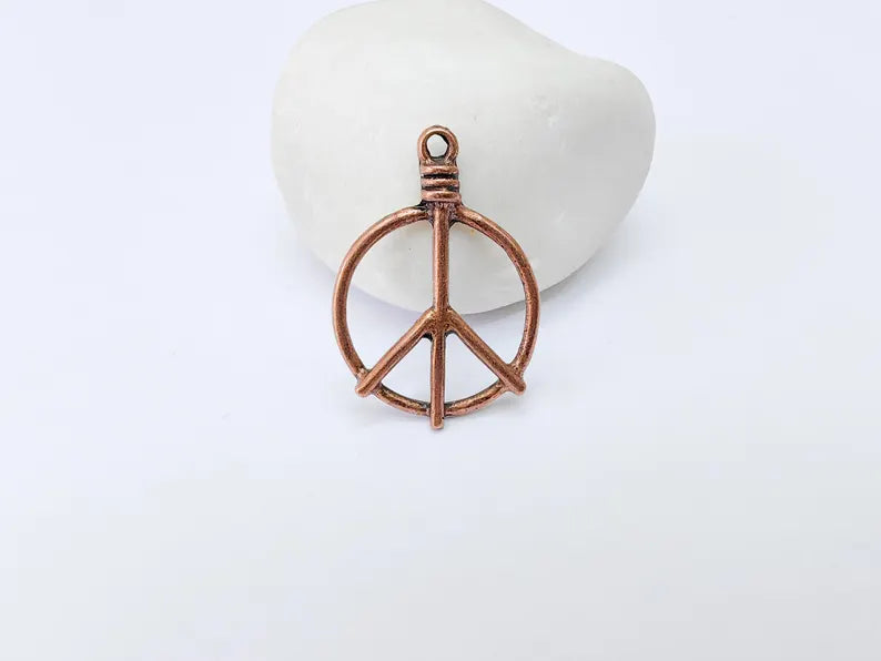 Peace Symbol Pendant Charm, Boho Hippie Jewelry Supply, Spiritual Retro 60s Style Necklace Component, Antique Copper Plated 34x24mm G37125