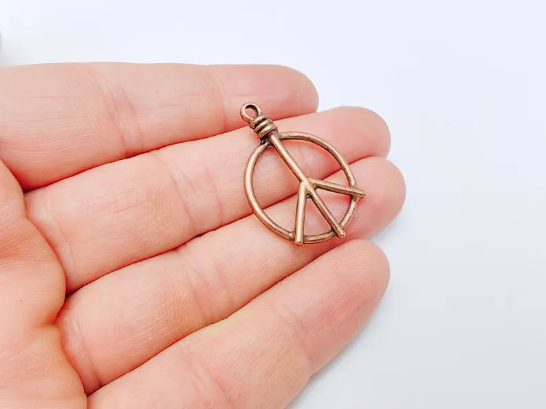 Peace Symbol Pendant Charm, Boho Hippie Jewelry Supply, Spiritual Retro 60s Style Necklace Component, Antique Copper Plated 34x24mm G37125