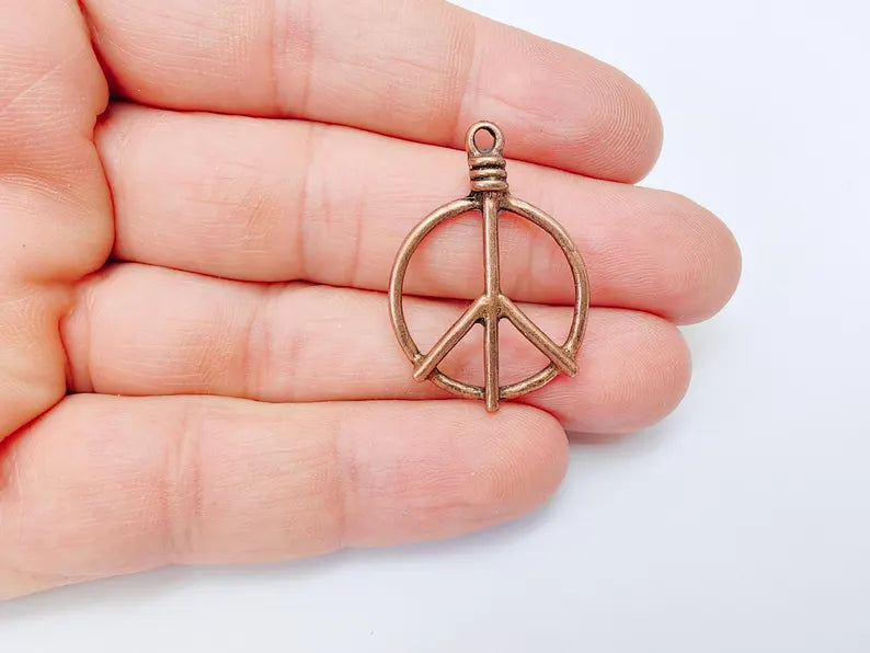 Peace Symbol Pendant Charm, Boho Hippie Jewelry Supply, Spiritual Retro 60s Style Necklace Component, Antique Copper Plated 34x24mm G37125