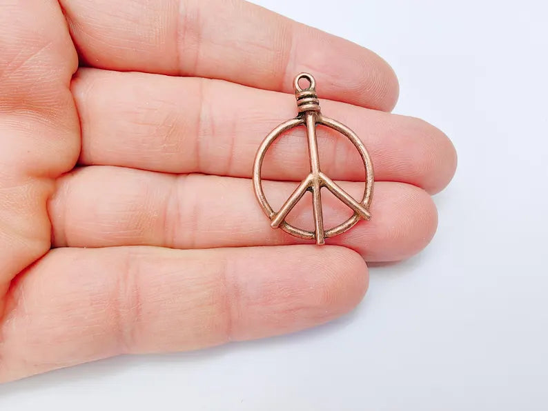 Peace Symbol Pendant Charm, Boho Hippie Jewelry Supply, Spiritual Retro 60s Style Necklace Component, Antique Copper Plated 34x24mm G37125