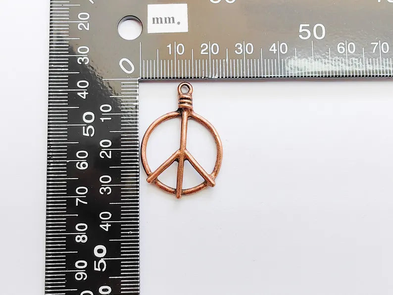 Peace Symbol Pendant Charm, Boho Hippie Jewelry Supply, Spiritual Retro 60s Style Necklace Component, Antique Copper Plated 34x24mm G37125