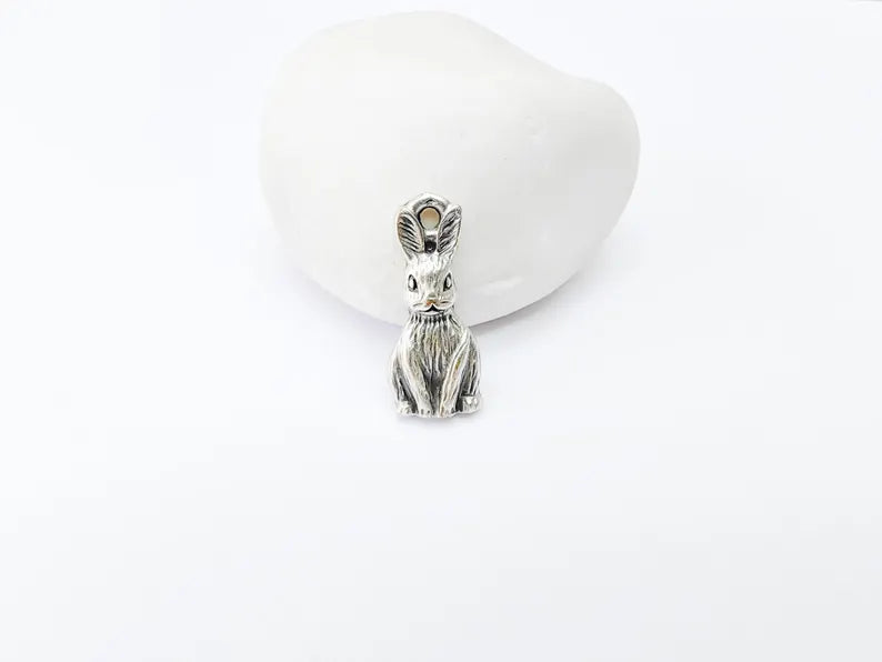 2 Rabbit Charm, Woodland Bunny Pendant, Earring Charms, Animal Jewelry Findings, Boho DIY Charm, Antique Silver Plated Zamac 25x10mm G37126