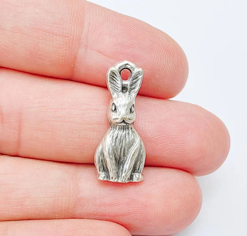 2 Rabbit Charm, Woodland Bunny Pendant, Earring Charms, Animal Jewelry Findings, Boho DIY Charm, Antique Silver Plated Zamac 25x10mm G37126