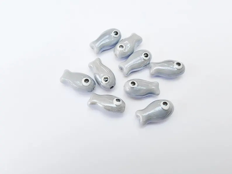 2 Porcelain Fish Beads, Ceramic Fish Beads, Gray Beads for Jewelry Making, Cute Fish Beads for DIY Crafts and Accessories 19x10mm G37130