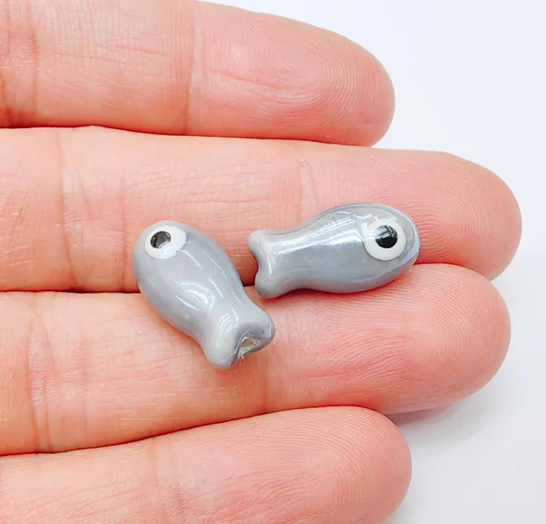 2 Porcelain Fish Beads, Ceramic Fish Beads, Gray Beads for Jewelry Making, Cute Fish Beads for DIY Crafts and Accessories 19x10mm G37130