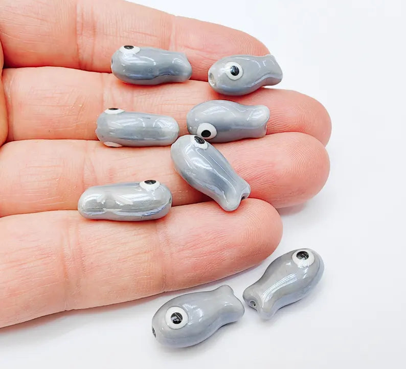 2 Porcelain Fish Beads, Ceramic Fish Beads, Gray Beads for Jewelry Making, Cute Fish Beads for DIY Crafts and Accessories 19x10mm G37130