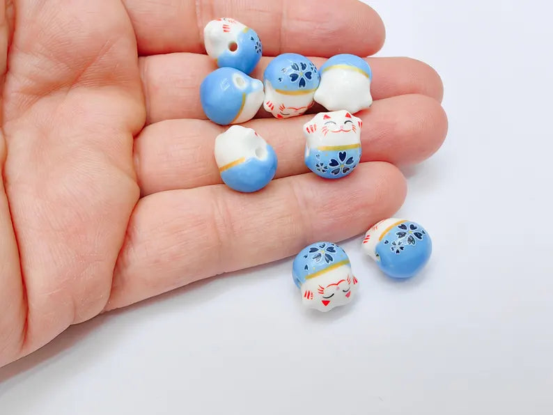 2 Porcelain Cat Bead, Blue White Ceramic Animal Beads, Cute Cat Beads, Flower Bead, DIY Jewelry Making, Kids Craft Supplies, 14x13mm G37131