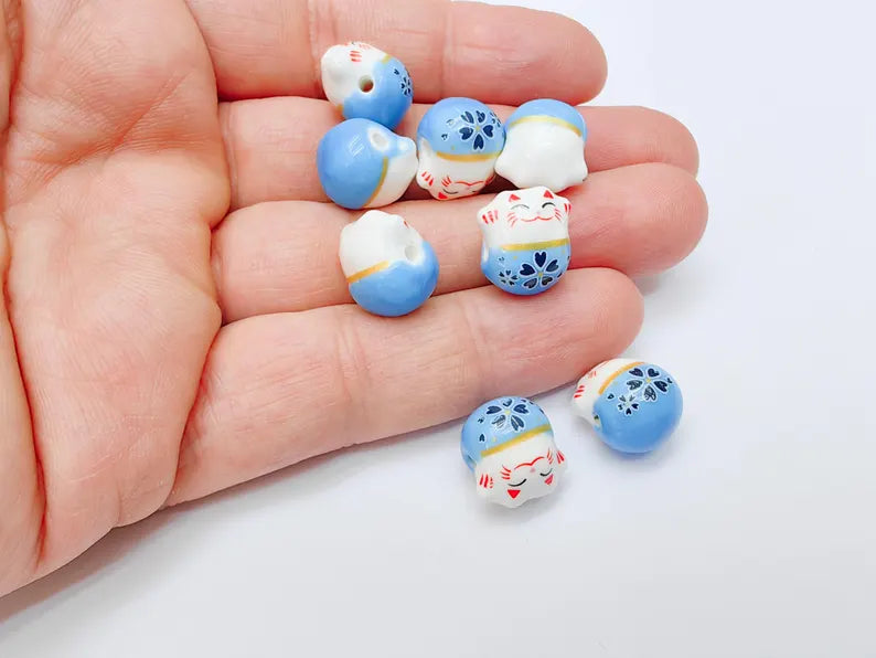 2 Porcelain Cat Bead, Blue White Ceramic Animal Beads, Cute Cat Beads, Flower Bead, DIY Jewelry Making, Kids Craft Supplies, 14x13mm G37131