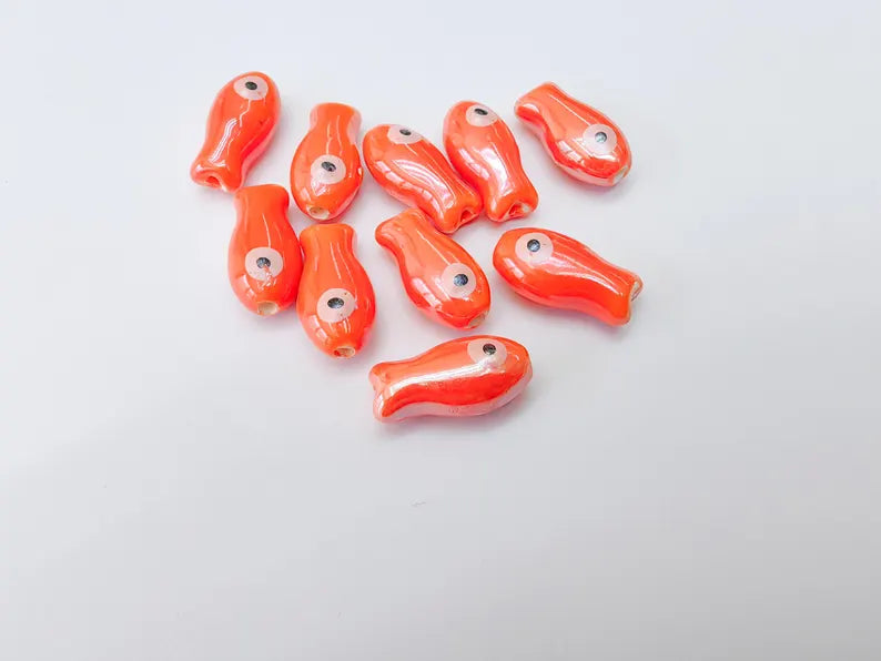 2 Porcelain Fish Beads, Ceramic Fish Beads, Orange Beads for Jewelry Making, Cute Fish Beads for DIY Crafts and Accessories 19x10mm G37132