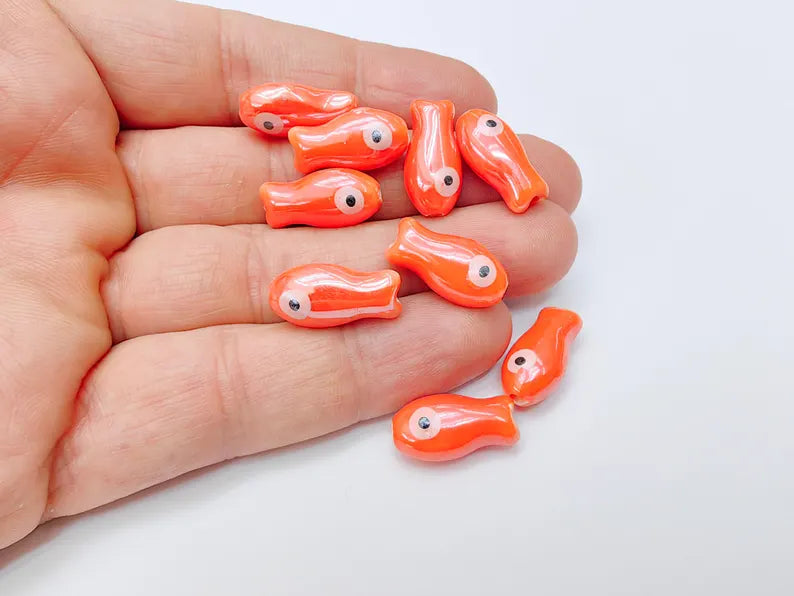 2 Porcelain Fish Beads, Ceramic Fish Beads, Orange Beads for Jewelry Making, Cute Fish Beads for DIY Crafts and Accessories 19x10mm G37132