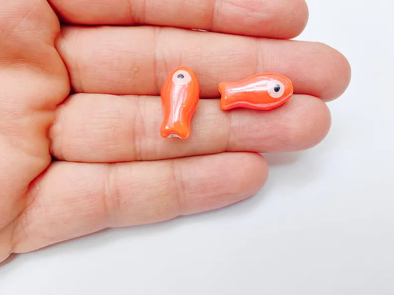 2 Porcelain Fish Beads, Ceramic Fish Beads, Orange Beads for Jewelry Making, Cute Fish Beads for DIY Crafts and Accessories 19x10mm G37132