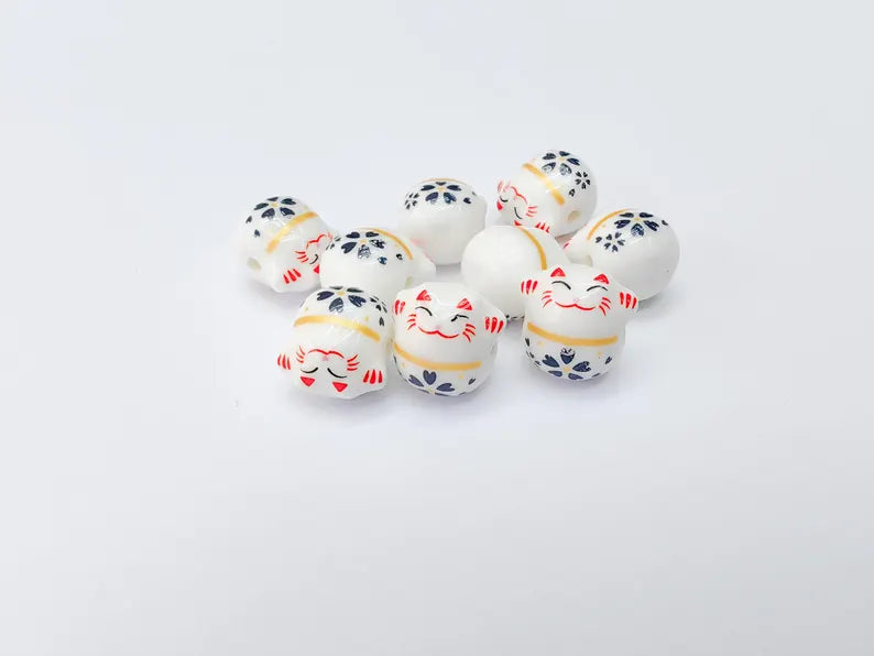 2 Porcelain Cat Bead, White Ceramic Animal Beads, Cute Cat Beads, Flower Bead, DIY Jewelry Making, Kids Craft Supplies, 14x13mm G37133