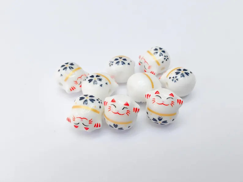 2 Porcelain Cat Bead, White Ceramic Animal Beads, Cute Cat Beads, Flower Bead, DIY Jewelry Making, Kids Craft Supplies, 14x13mm G37133